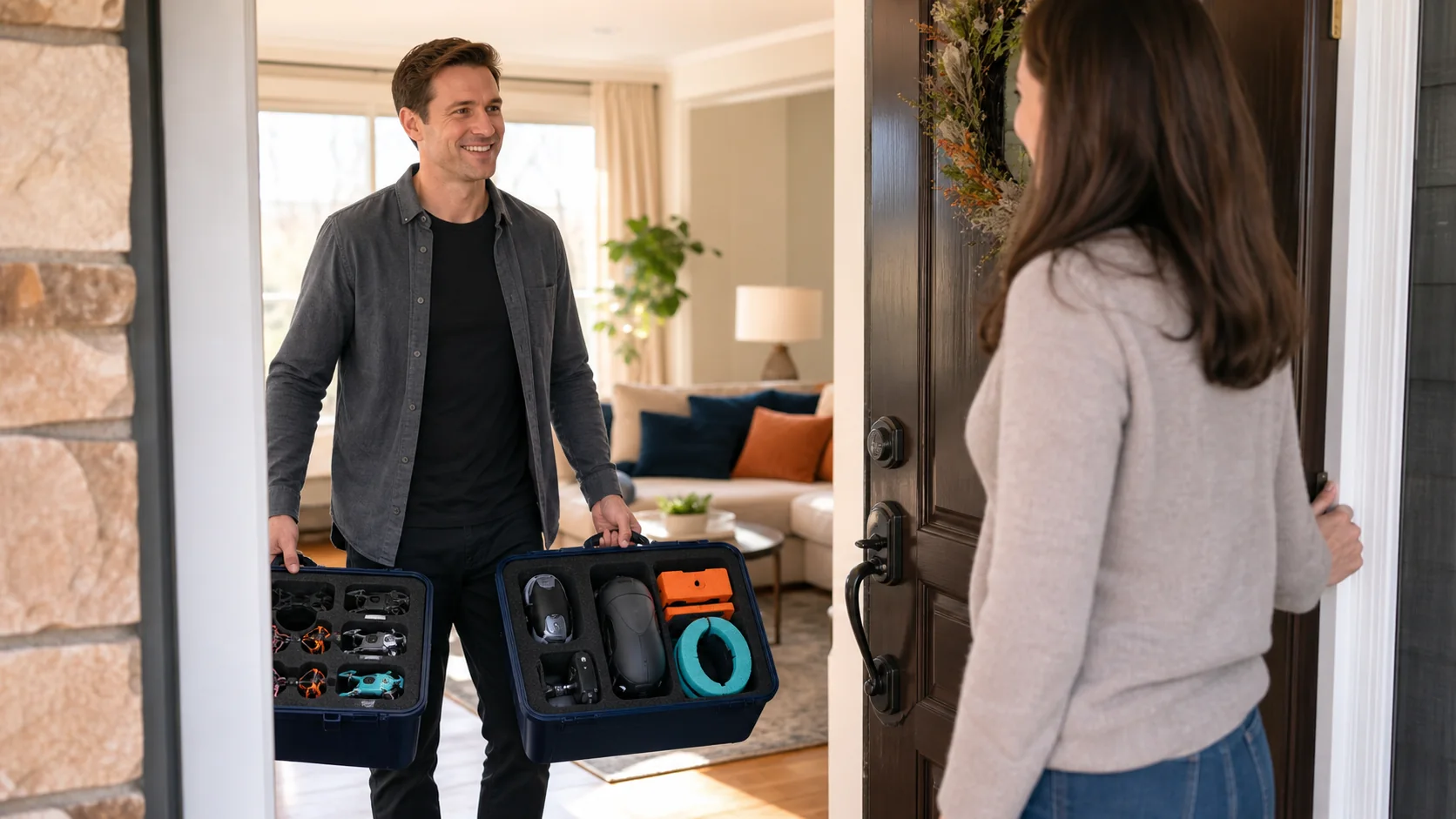 A mobile drone party host arriving with organized equipment cases
