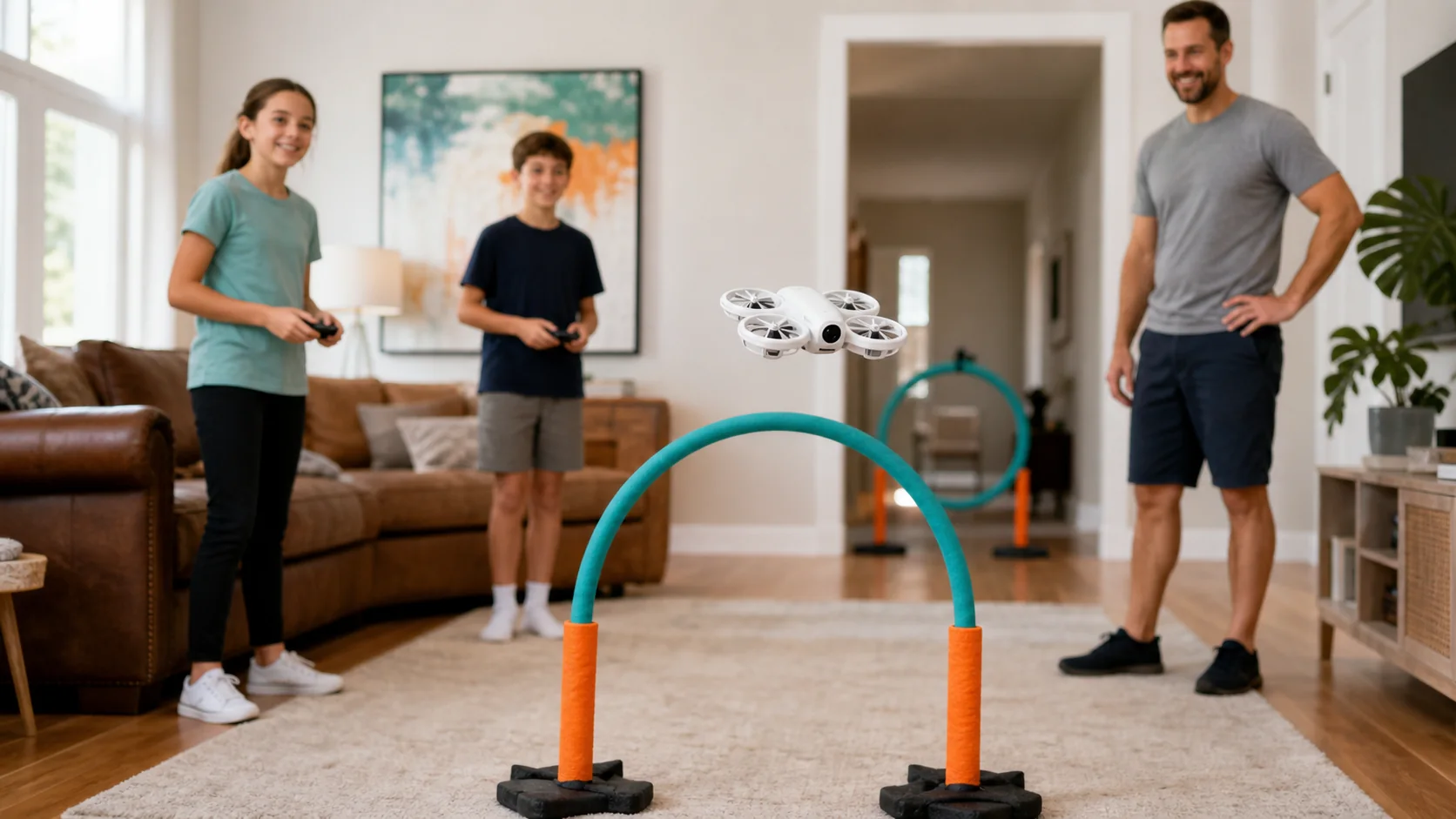 A small guarded drone flying through an indoor course under adult supervision