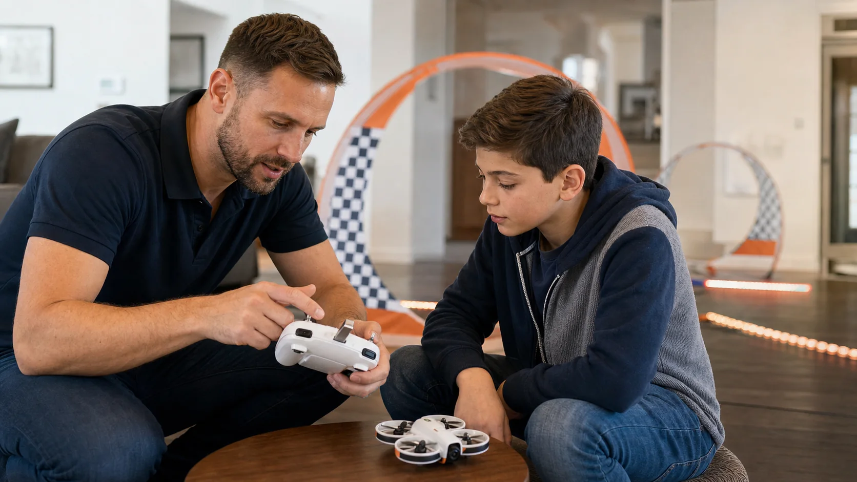 A professional drone coach teaching a young pilot how to use the controller