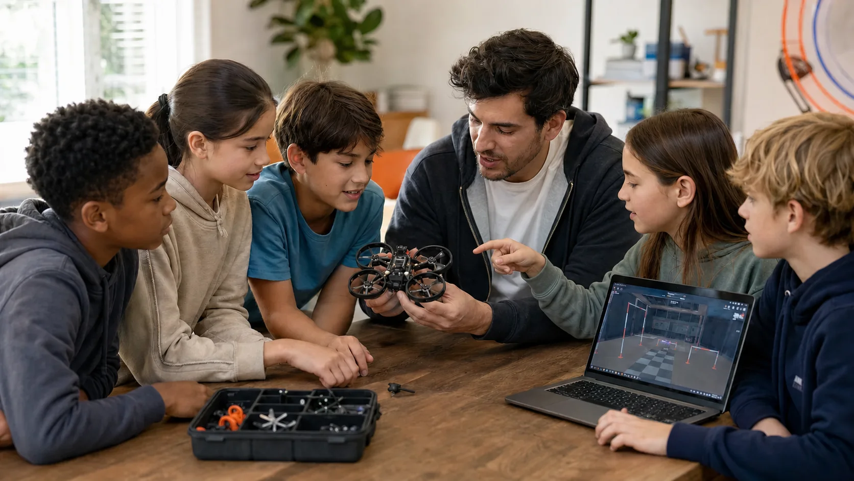 Children learning about drone components and flight simulation with an instructor